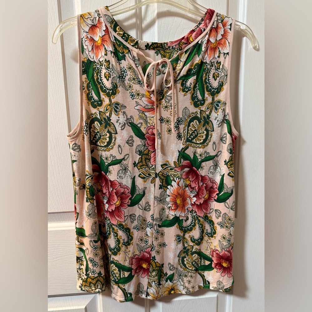 LOFT Floral Sleeveless Blouse Boho Paisley Print Tie Neck Tank Top Size S